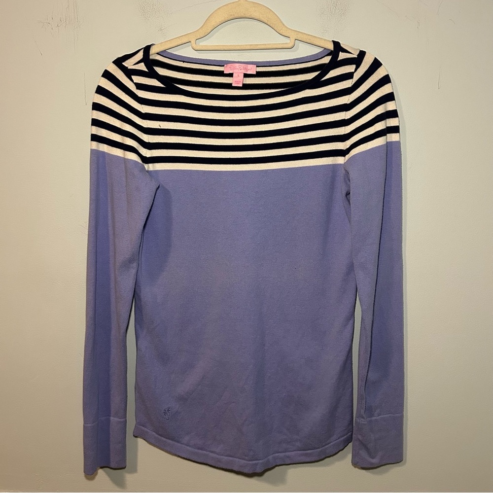 Lilly Pulitzer Blue & Black Striped Bodycon Nautical Pullover Boat Neck Sweater